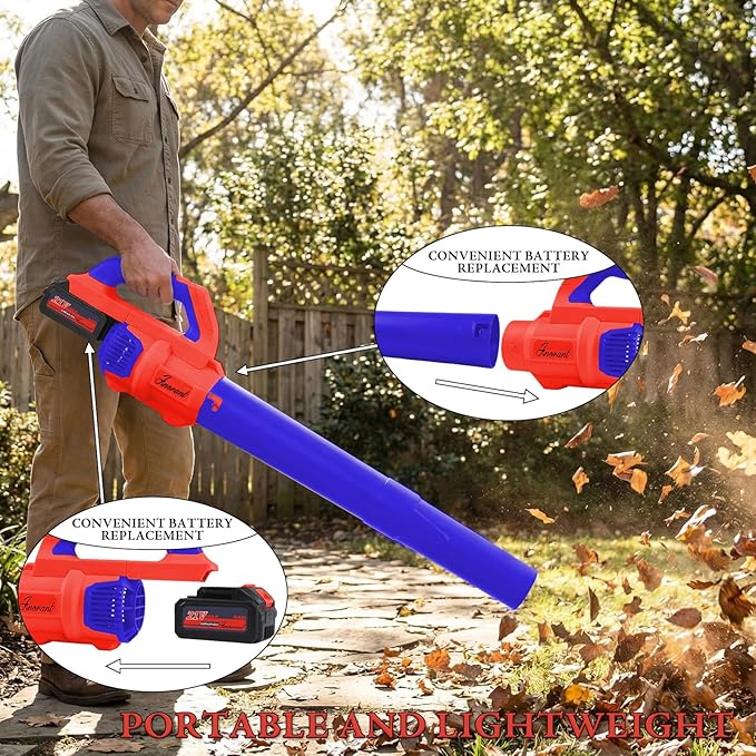Leaf Blower Cordless with Battery and Charger, 500 CFM/200 MPH, Electric Leaf Blowers with 2 Speeds, 2 Extended Tubes, 1 x 2.0 Ah Battery-Powered Leaf Blowers for Lawn Care, Blowing Leaves, Yard(RED)
