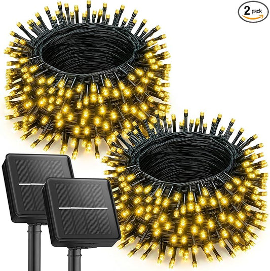 Brightown 2 Pack Solar Christmas Lights, Total 92FT 240 LED Solar String Lights Outdoor Waterproof Green Wire with 8 Modes, Solar Fairy Light for Garden Yard Patio Party Decors, Warm White
