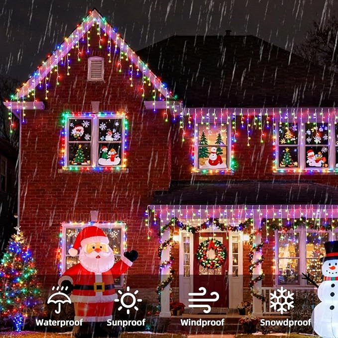 Christmas Outdoor Icicle Lights - 480 LED 66+33 FT 8 Modes Curtain Fairy String Light Plug in, Waterproof for Eaves Yard Holiday Xmas Holiday Indoor Outdoor Decoration - Multicolor
