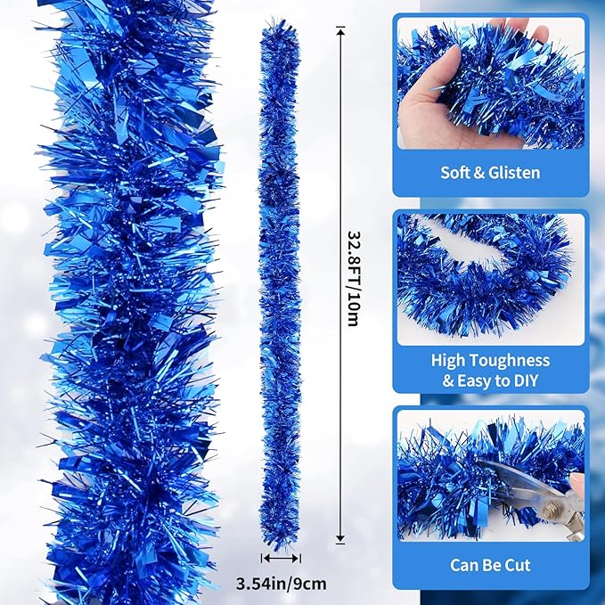 33FT Blue Christmas Tinsel Garland，Metallic Christmas Tree Decoration, Tinsel Garland Decoration for Christmas Decoration, Halloween & Birthday Party, Indoor and Outdoor Activity New Year Parties