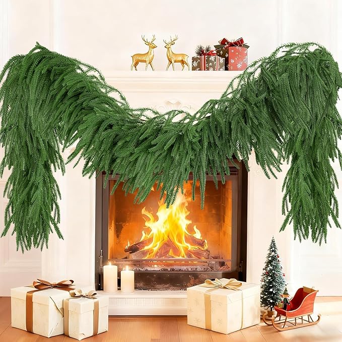 2Pcs 5FT Christmas Garland Artificial Norfolk Pine Garlands Real Touch Winter Green Greenery Garland Christmas Decoration Xmas Garland for Door Table Mantle Wall Indoor Outdoor Christmas Decor