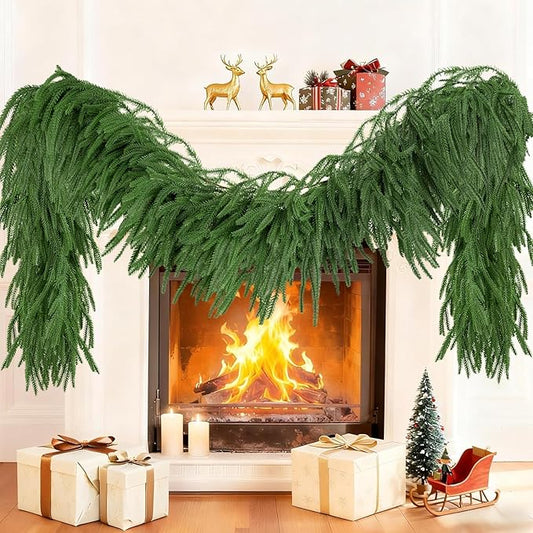 2Pcs 5FT Christmas Garland Artificial Norfolk Pine Garlands Real Touch Winter Green Greenery Garland Christmas Decoration Xmas Garland for Door Table Mantle Wall Indoor Outdoor Christmas Decor