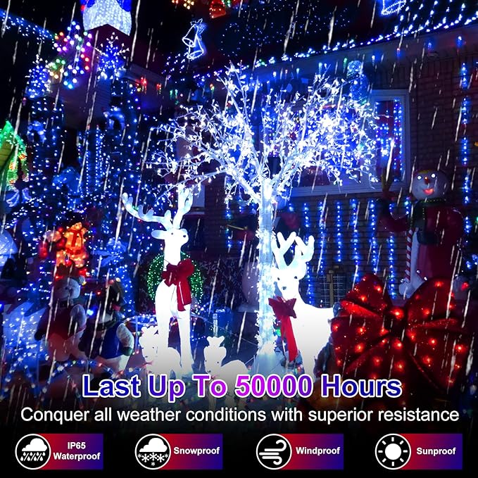 492FT Outdoor Christmas Lights, 1300 LED Super Long String Lights 8 Lighting Modes & Timer Memory, Outsite Waterproof LED Light Strings for House Trees Garden Wedding Party Holiday Decorations Blue