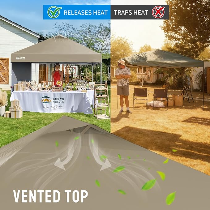 CROWN SHADES 10x10 Pop Up Canopy with 1 Side Wall - Beach Tent with One Push Setup - Outdoor Sun Shade for Events, Parties, Camping - Gazebo with STO-N-Go Cover Bag (Beige)