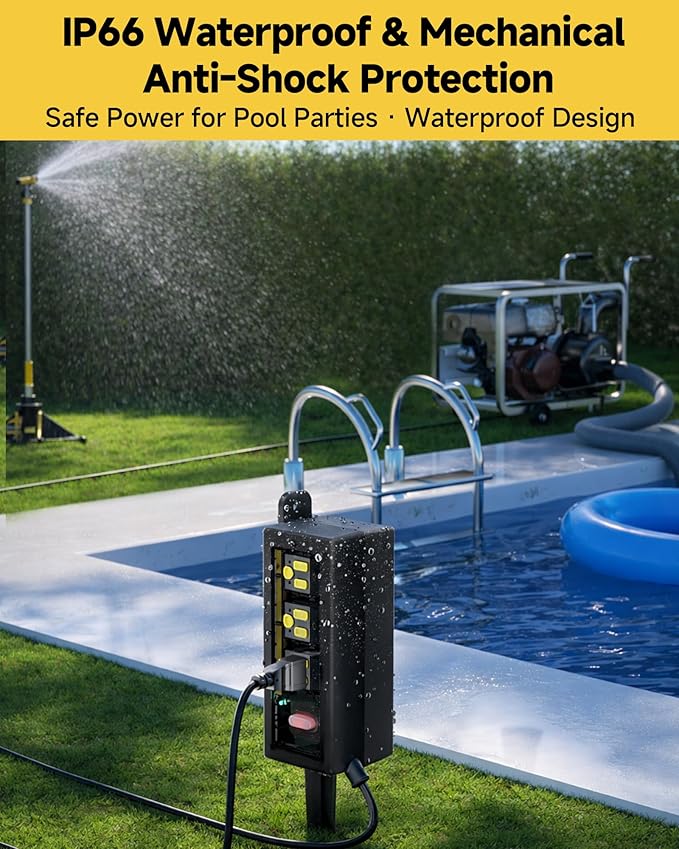 IP66 Outdoor Power Strip Waterproof,Heavy Duty Surge Protector, 10 FT Extension Cord, All-Weatherproof,6AC, Suitable for Outdoor, Work Room, Patio Gardens, Pool Parties,Black