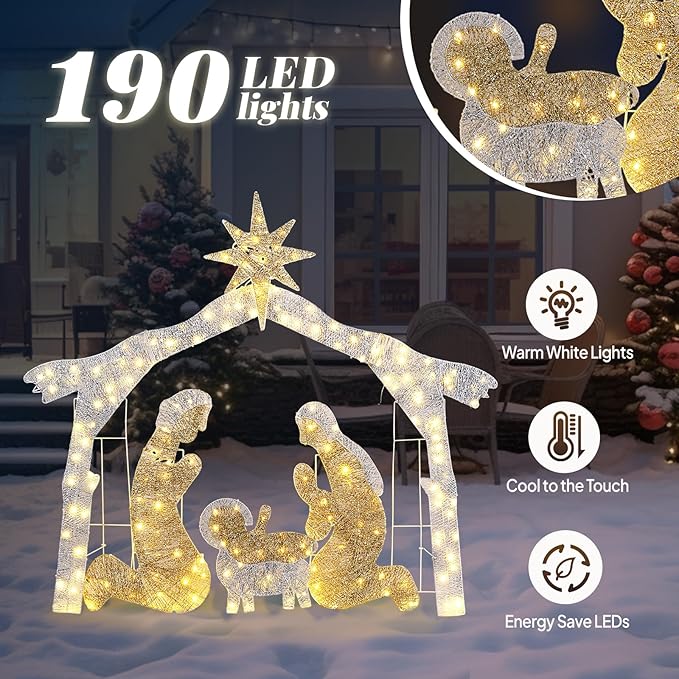 Yescom 6Ft Manger Nativity Scene Outdoor Garden Jesus Decoration Christmas Pre-lit 3D Artificial for Patio Yard Party Event Holiday Display with 190 LED Lights Silver Warm White
