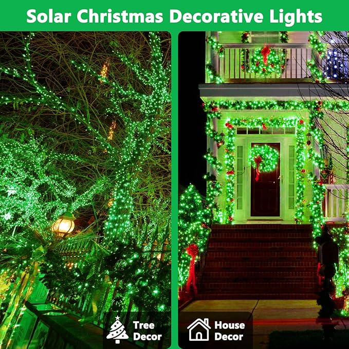 4 Pack 180FT Solar Christmas Lights Outdoor Waterproof, Super Bright 320 LED Solar String Lights with 8 Lighting Modes, Green Wire Solar Twinkle Fairy Lights for Outside Tree Xmas Party Garden(Green)