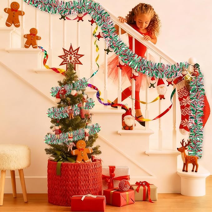 50Ft Christmas Tinsel Twist Garland, Metallic Twist Garland Tree Decorations for Christmas Tree New Year Party Birthday Holiday Supplies Indoor and Outdoor Decoration (Red Green Silver)
