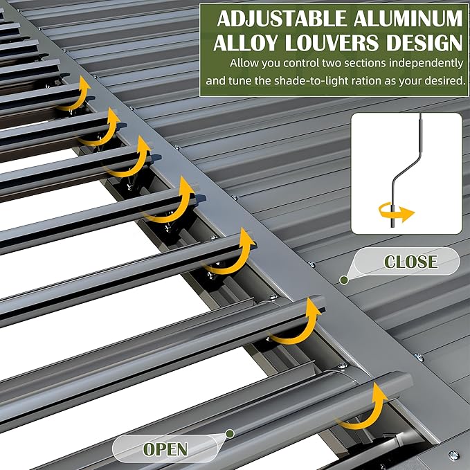 VIWAT Aluminum 10x20 FT Louvered Pergola, Outdoor Pergola with Adjustable Louvered Roof Outdoor Patio Shade Cover, Waterproof & Rustproof Aluminum Gazebo for Backyard and Garden, Gray
