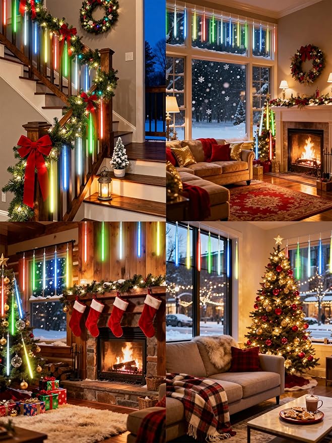 Flacchi Meteor Shower Icicle Lights - 5 Tubes 20" Each 270 LED Cascading Raindrop Lights, Timer Outdoor Waterproof Christmas Decorations for Holiday Party(5 in 1 Multi-Colored)