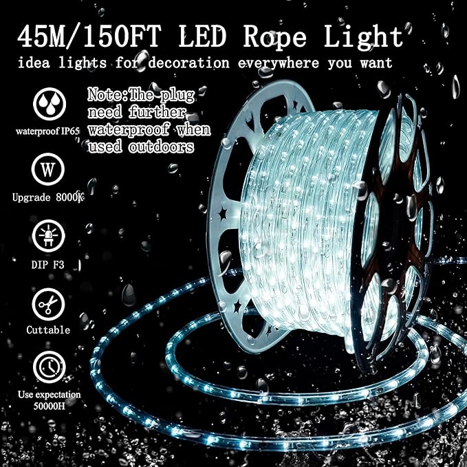 SURNIE LED Rope Lights Outdoor Waterproof: 150FT LED Rope Lighting Dimmable - 110V 6500K Daylight White String Light Tube Cuttable Connectable for Garden Patio Party Indoor Decoration, Not Flat Strip