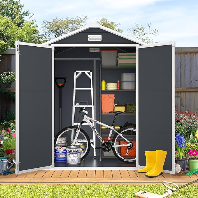 HUGROVE 6×4 Outdoor Storage Shed with Floor, Waterproof & UV-Resistant Resin Garden Shed for Backyard, Weather-Resistant Plastic Tool Shed with Lockable Double Doors, Air Vents & Side Window