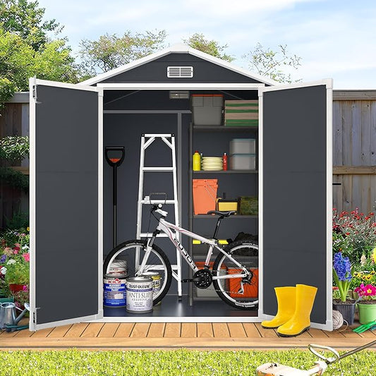 HUGROVE 6×4 Outdoor Storage Shed with Floor, Waterproof & UV-Resistant Resin Garden Shed for Backyard, Weather-Resistant Plastic Tool Shed with Lockable Double Doors, Air Vents & Side Window