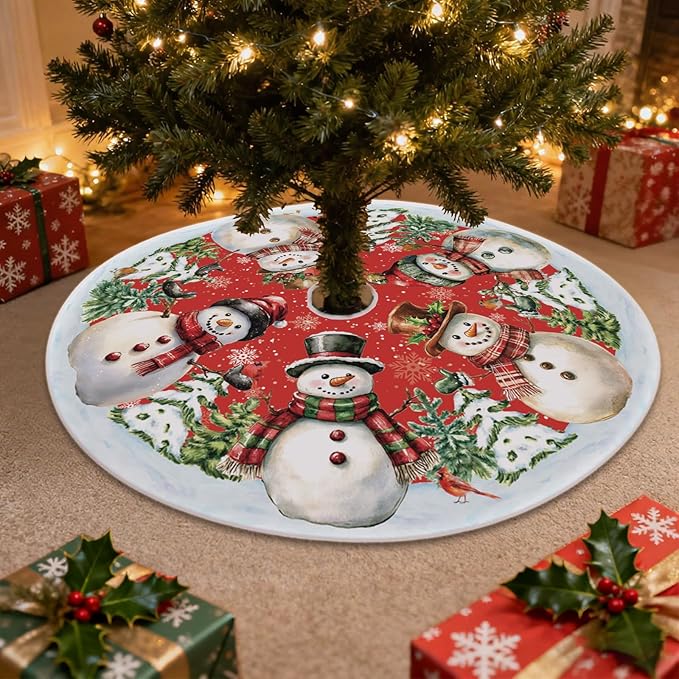 48 Inch Snowman Christmas Tree Skirt – Xmas Tree Mat for 6 to 7.5 Ft Trees, Durable & Soft Christmas Decorations for Home, Living Room, Party, Winter Holiday Decor