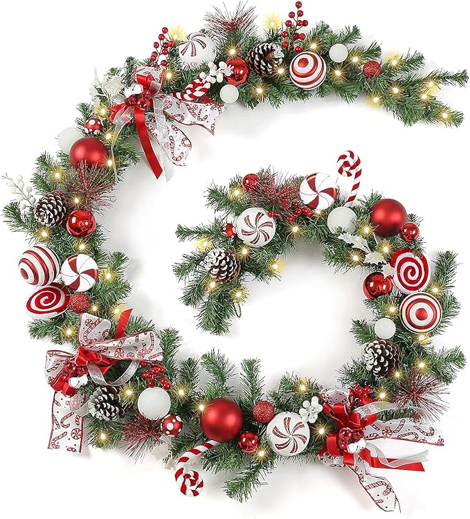 WBHome Pre-lit 9 Feet/106 Inch Christmas Garland Candy Shop Red & White Themed with 50 LED Lights Holiday Decorations, Battery Operated (Batteries NOT Included)