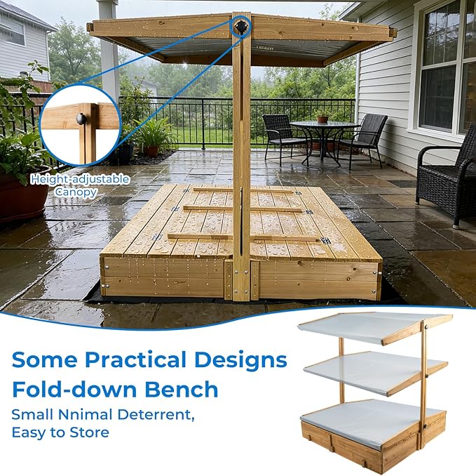 Large Wooden Kids Sandbox with Lid, Outdoor Weatherproof Sand Box with Covers, 2 Foldable Benches, Adjustable Height Canopy, Gift for Kids Aged 2-8 (47x47in)