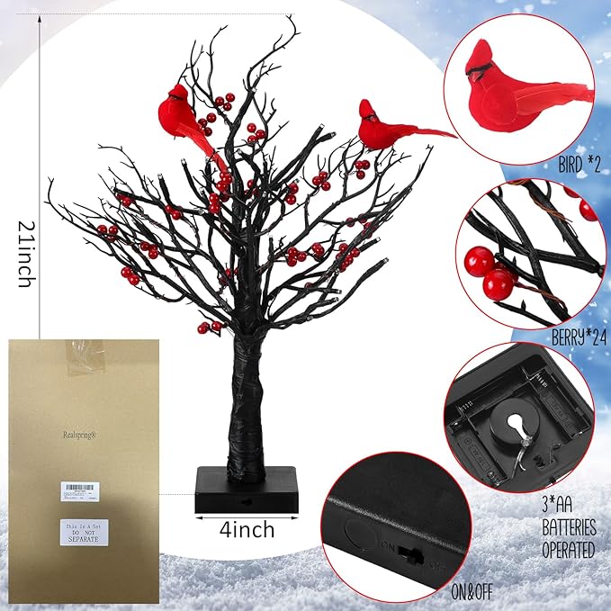 Realspring 2 Pcs Vintage Glowing Tree with Cardinals Lighted Mini Birch Tree 24 LED Cardinal Little Red Bird Table Decoration for Tabletop Centerpiece Xmas Indoor Home Decor, Operated by Battery