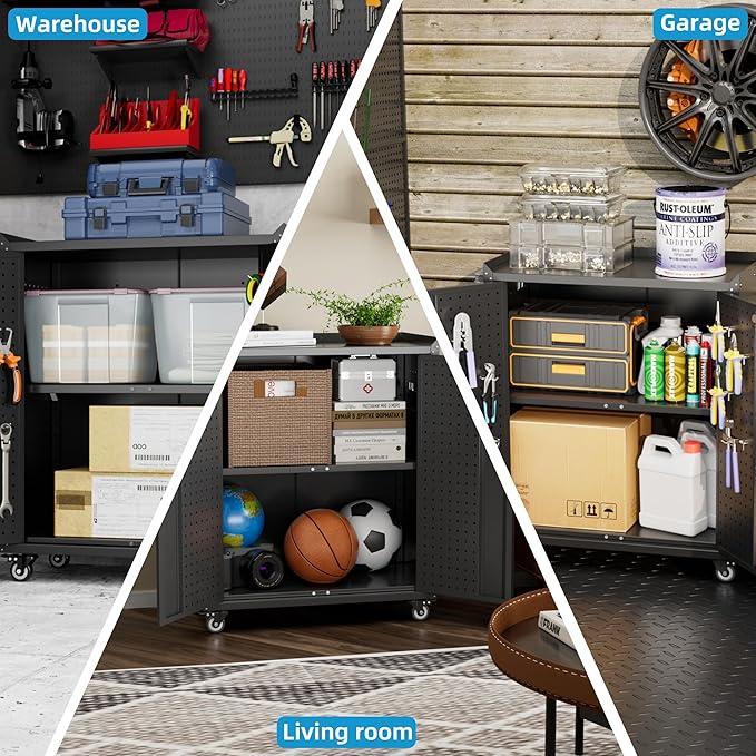 Aobabo 34.3 Inches Metal Storage Cabinet with Wheels and 2 Pegboards, Lockable Rolling Tool Storage Cabinet with 1 Adjustable Shelves for Garage,Assembly Required,Black