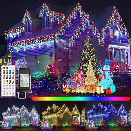 RGB Ice Lights Outdoor, 52FT 504 LED Color Changing Christmas Lights,16 Colors 128 Function 8 Modes Timers Waterproof, Plug in Hanging Light for House, Garden, Outdoor Christmas Decor