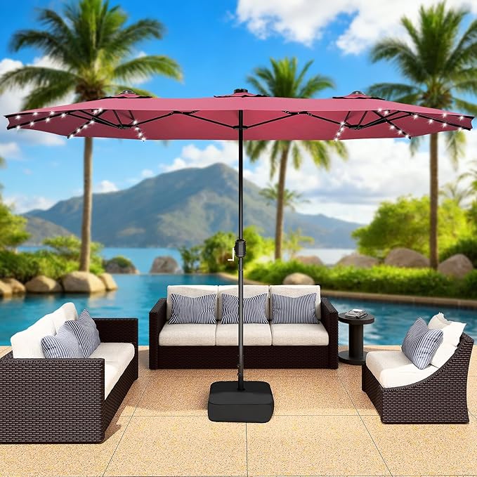 CHABATREE 15FT Rectangle Patio Umbrella with Base & Solar LED Lights - Double-Sided