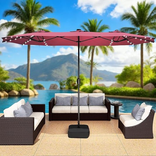 CHABATREE 15FT Rectangle Patio Umbrella with Base & Solar LED Lights - Double-Sided