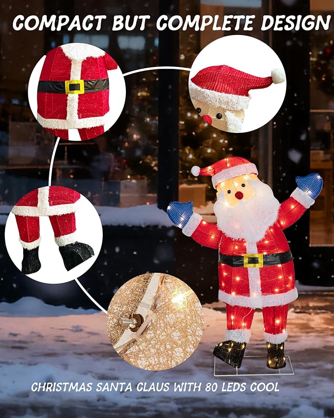 37'' Santa Claus Outdoor Christmas Decorations with 80 LED Lights, Lighted Christmas Outside Decor for Lawn Yard Garden Indoor Outdoor Party