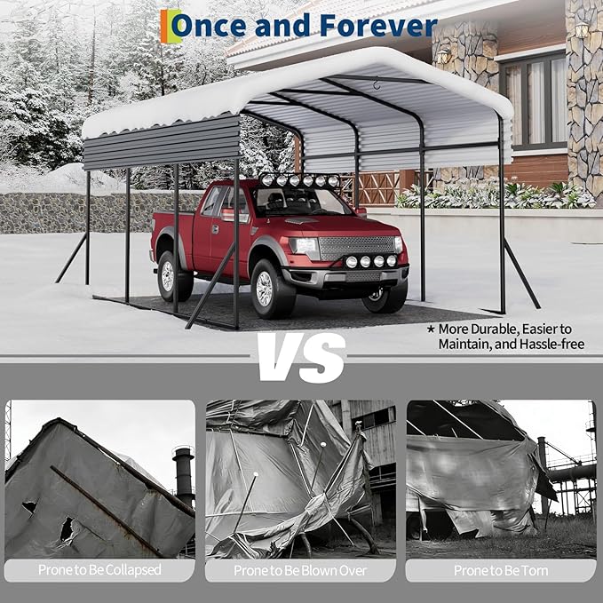 Metal Carport, 10x15 FT Outdoor Carport Canopy with Reinforced Base and Galvanized Steel Roof, Heavy Duty Garage Car Shelter Shade for SUV, Truck, Boats