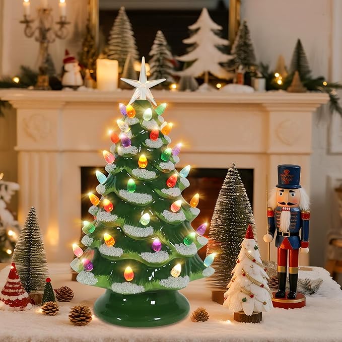 Ceramic Christmas Tree 12 Inch Tabletop Christmas Tree Vintage Christmas Decoration Battery Operated Small Green Xmas Trees with Multicolored Lights