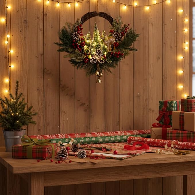 21" Pre-Lit Christmas Wreath for Front Door,Christmas Wreath Decorations with Golden Christmas Reindeer Jingle Bells Pine Cones,Christmas Door Wreath for Home Wall Window Indoor Outdoor Decor