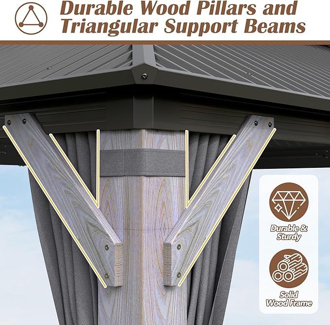 12 x 16FT Wood Gazebo, Wooden Frame Gazebos with Netting and Curtains,Outdoor Hardtop Gazebo with Wood Posts and Galvanized Steel Doule Roof for Lawn, Backyard Deck