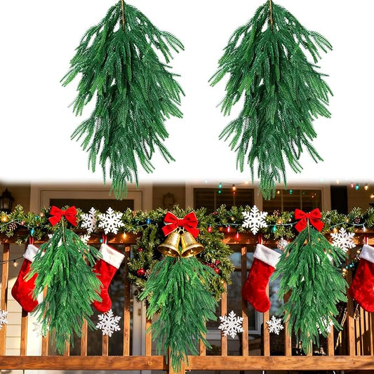 Grever 2 Pcs Artificial Christmas Swag, 28 Inch Faux Teardrop Norfolk Swag Real Touch Fake Pine Needles for Indoor and Outdoor Fireplace, Mantle, Door, Windows, Table, Stairs, Wall and Holiday Decor