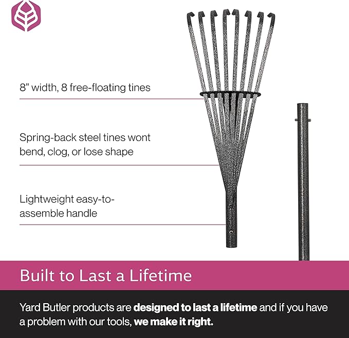Yard Butler World’s Greatest Shrub Rake | Heavy Duty All Steel Rake with Ergonomic Garden Claw, 8 Free-Floating Tines & Long Metal Handle – Lawn, Yard, Bed, Landscape for Leaves, Grass & Debris, 8"