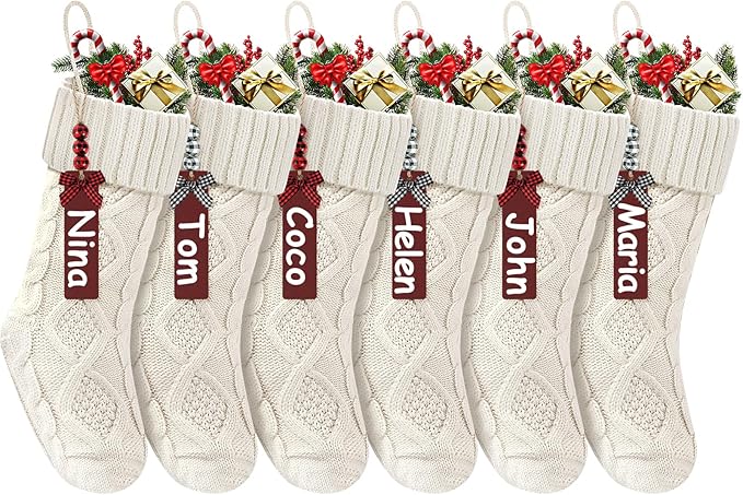 Christmas Stockings 18 Inches,Long Knitted Stocking with Name Tags, Christmas Decoration Hanging Stockings Fireplace Xmas Tree Ornaments for Home Family