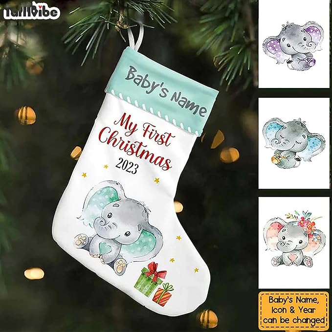 LOVELYPOD Christmas Stockings Personalized with Name, 19" Christmas Stocking Elephant Baby First Christmas Stocking 2023, Xmas Stocking Holiday Christmas Decoration Gifts for Family Kids