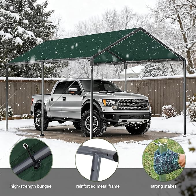 10x20 Heavy Duty Carport, Outdoor Carport Shelter with Reinforced Frame and Stakes, Waterproof Garage Car Port Tent (Green)