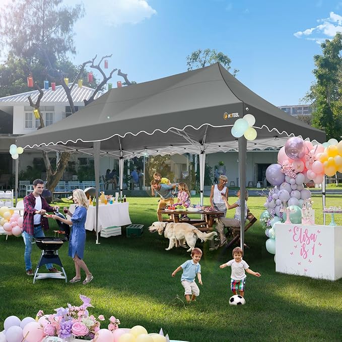 HOTEEL 10×20 Pop Up Canopy Tent UV 50+ and Waterproof, Thickened Frame, Large Space Easy Outdoor Pop Up Canopy for Wedding, Beaches, Parties, Patio (Grey)