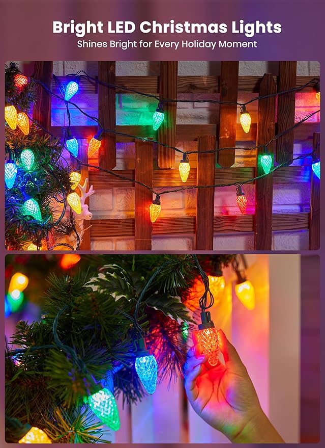 Minetom C9 Christmas Lights Outdoor, 81 Feet 100 LED String Lights with Timer & 8 Light Mode, Waterproof Commercial Grade Christmas Tree Lights for Outside Indoor Roofline Patio, Multicolor 2 Pack