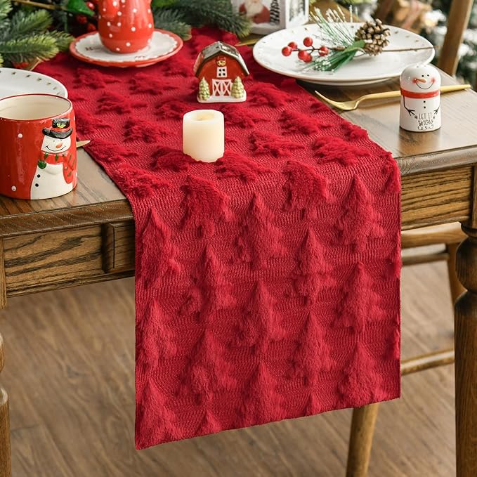 Artoid Mode Christmas Trees Red Soft Plush Faux Fur Jacquard Christmas Table Runner, Holiday Kitchen Dining Table Decoration for Home Party Decor 13x90 Inch