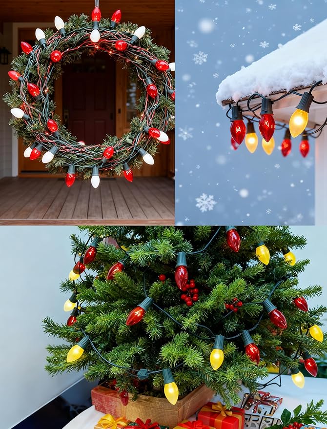C9 Red and White Christmas String Lights 25Ft C9 Outdoor Christmas Decorations Lights with 26 Red Frosted White Bulbs, Vintage Christmas Light Waterproof for Patio Roofline Party Holiday Garden