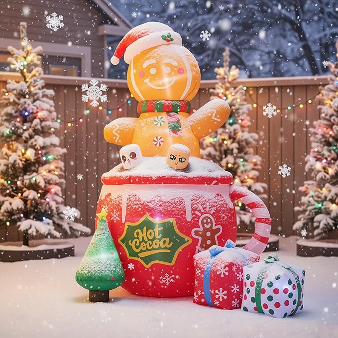 6FT Christmas Gingerbread Blow Up Yard Decorations,Outdoor Christmas Inflatable Decoration with Hot Cocoa Mug Scene,Gingerbread Inflatable for Garden Lawn Xmas Decor