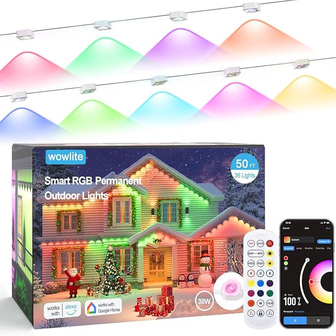 wowlite Permanent Christmas Smart RGB Outdoor Lights, 50FT Color Changing, Exterior Waterproof LED Eaves Lights for House Trim, Game Day Daily Lighting
