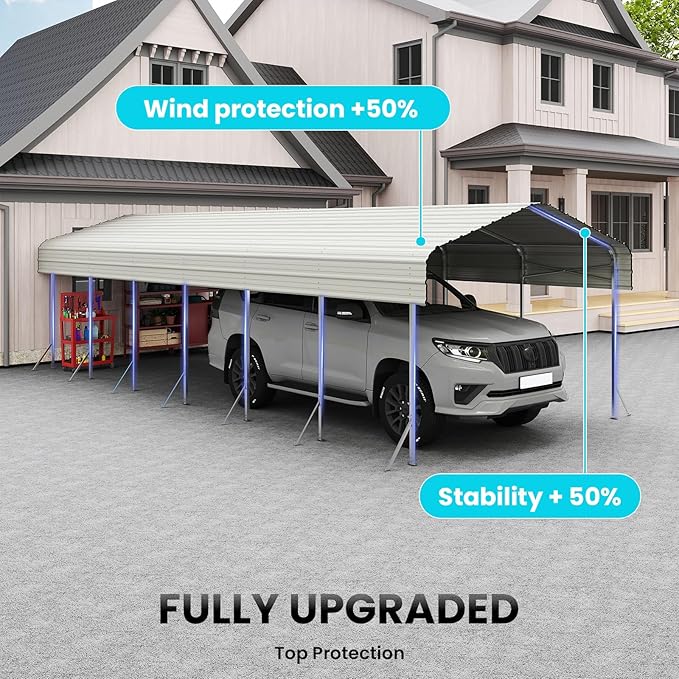 14x30ft Heavy Duty Metal Carport – Outdoor Galvanized Garage, Sturdy Structure, All-Weather Protection, Easy Assembly for Cars, Trucks, Boats, Tractors, and Outdoor Storage (Beige, 14x30FT)
