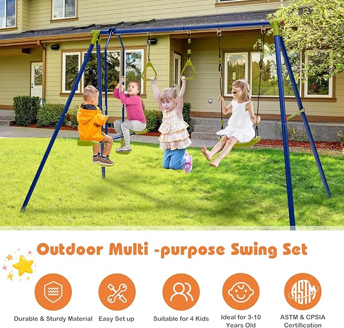 GLACER 440 LBS Heavy-Duty A-Frame Swing Set, 3-in-1 Swing Set w/1 U-Shaped Swing, 1 Glider, 2 Gym Rings, Multifunctional Activity Playset for Backyard, Garden, Park