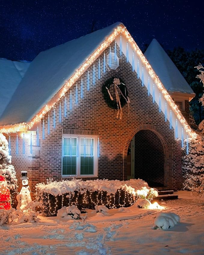 Flacchi Blue 10 Tubes 240 LED Raindrop Lights Meteor Shower Icicle Lights with Timer Function Cascading Falling Rain Light for Holiday Party Christmas Decorations
