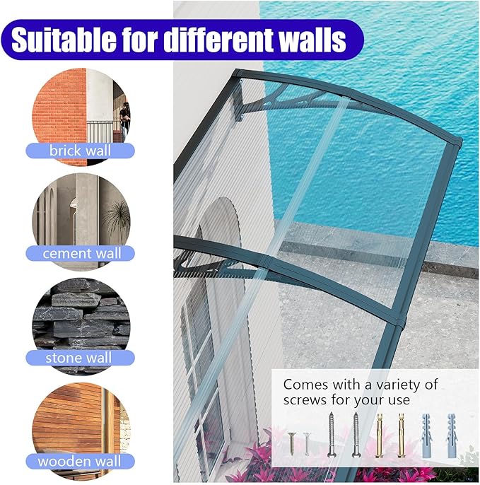 Awning for Outside, 40x120 UV-Resistant Rain and Snow-Proof House Overhang Canopy, Polycarbonate Door Awnings Exterior for Outdoor Patio, Porch, Deck, Window
