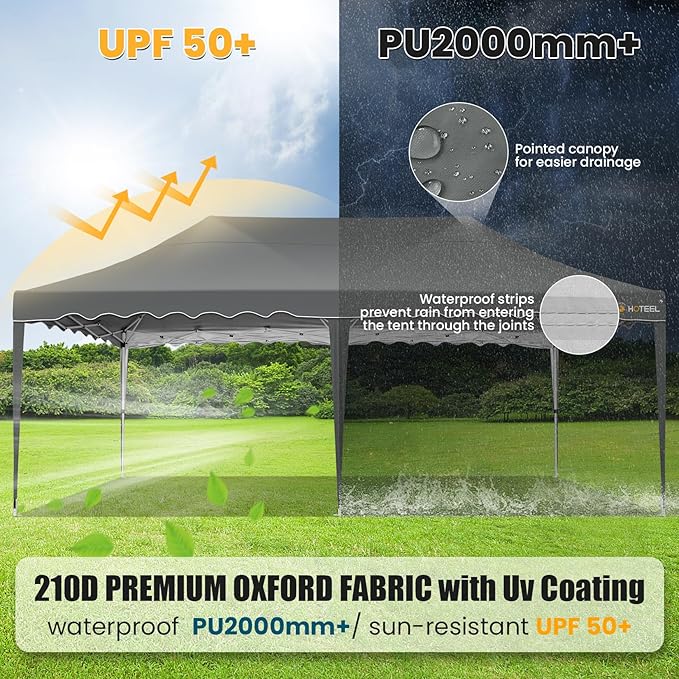 HOTEEL 10×20 Pop Up Canopy Tent UV 50+ and Waterproof, Thickened Frame, Large Space Easy Outdoor Pop Up Canopy for Wedding, Beaches, Parties, Patio (Grey)