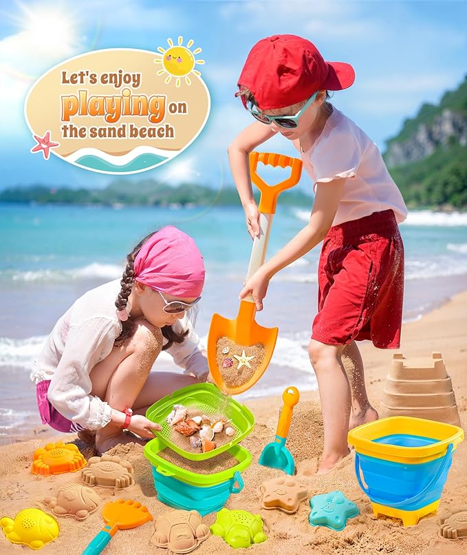 Collapsible Beach Sand Toys for Kids Toddlers, Collapsible Sand Bucket with Sifter Shovels Set with Mesh Bag and Sand Molds, Travel Beach Sandbox Toys for Boys Girls 3 4 5 6 7 8 9 10