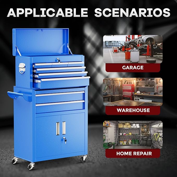 Bonusall 8 Drawer Rolling Tool Chest and Cabinet Combo,Heavy-Duty Metal Garage Tool Chest with Wheels and 2 Doors,2-in-1 Top Box and Roller Cabinet Combo for Garage, Workshop, Warehouse-Blue