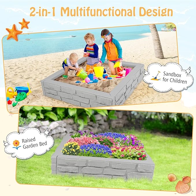 HONEY JOY Sandbox with Cover, 47 x 47 Inch Square Sand Pit for Backyard, Bottom Drainage Oxford Liner, HDPE Playful All Weather Resistant Sand Boxes for Kids Outdoor with Lid (Gray)