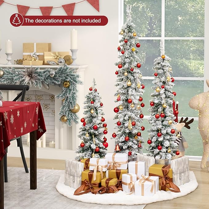 GOFLAME Set of 3 Pre-Lit Potted Christmas Trees, Snow Flocked Pencil Christmas Tree Set 3Ft, 4Ft and 5Ft with Warm White LED Lights, Timer, Holiday Decoration Tree for Home Party